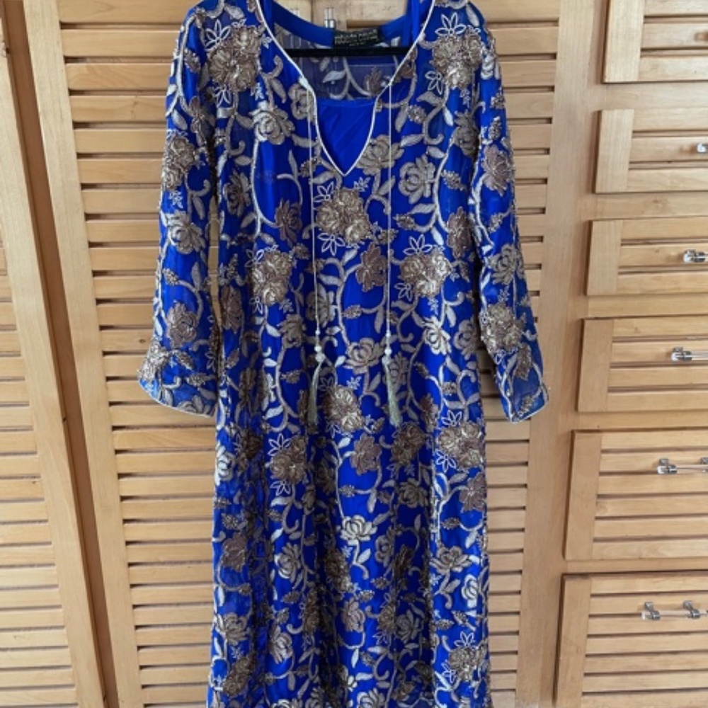 Roberto Cavalli Formal Blue Gold Embroidered Kaftan Gown
